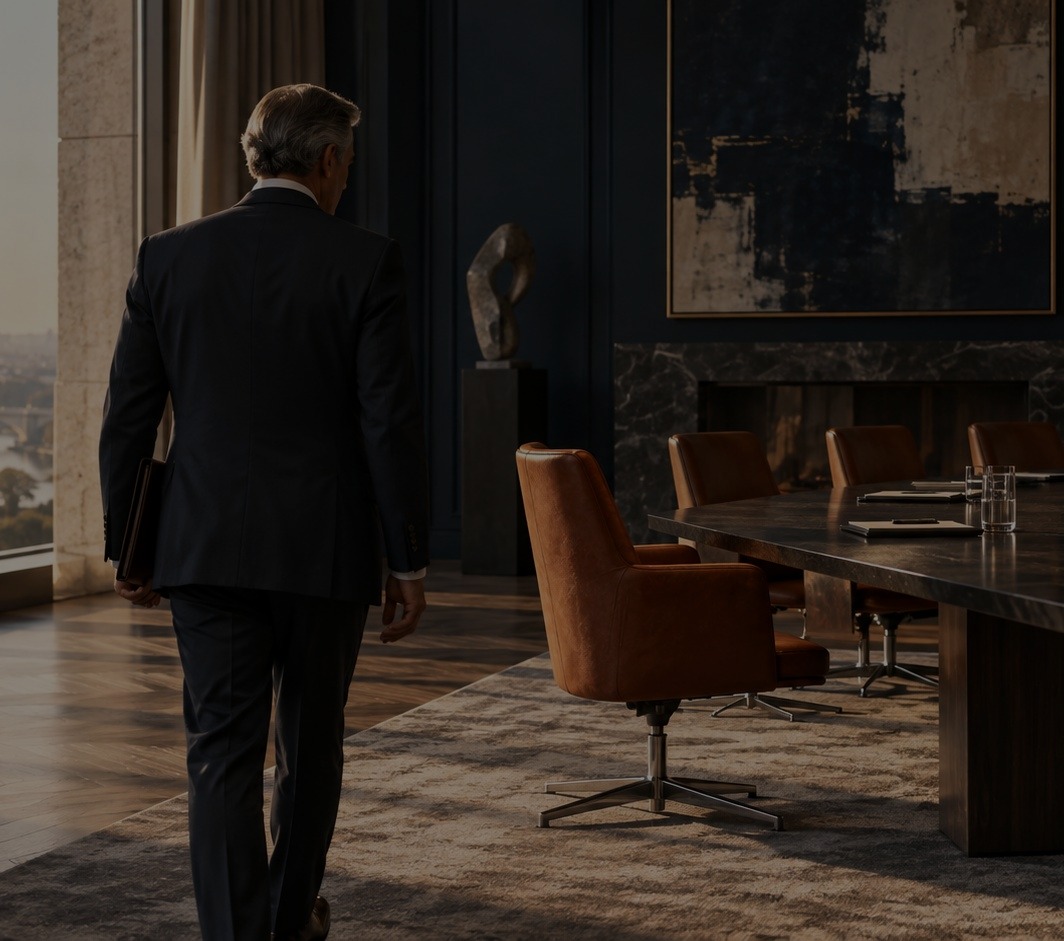 A senior executive walking into a quiet boardroom at dusk