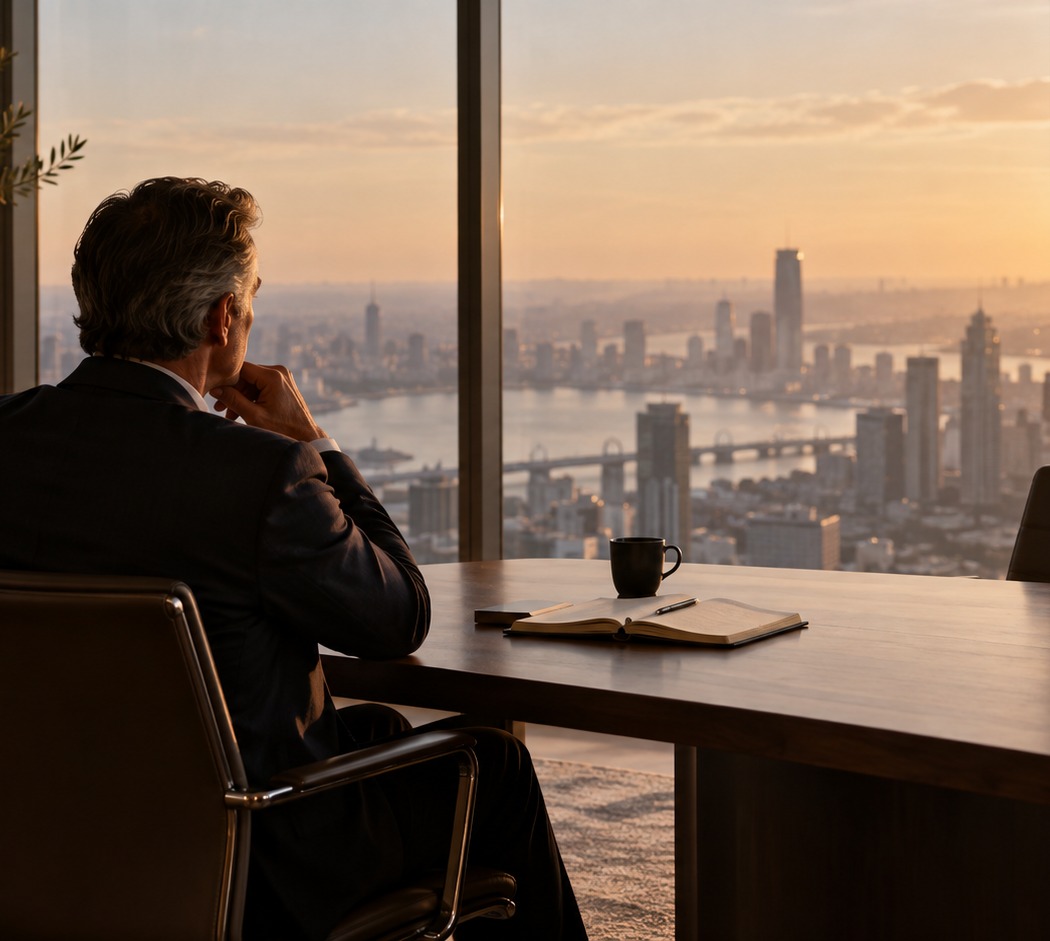 A senior executive looking out across a city from height
