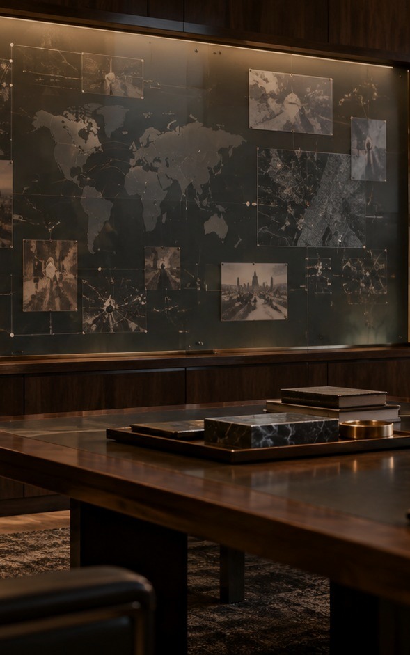 A research room wall of maps, imagery and working material behind a meeting table