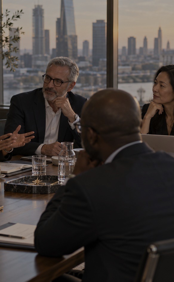 Senior leaders in candid discussion around a meeting table