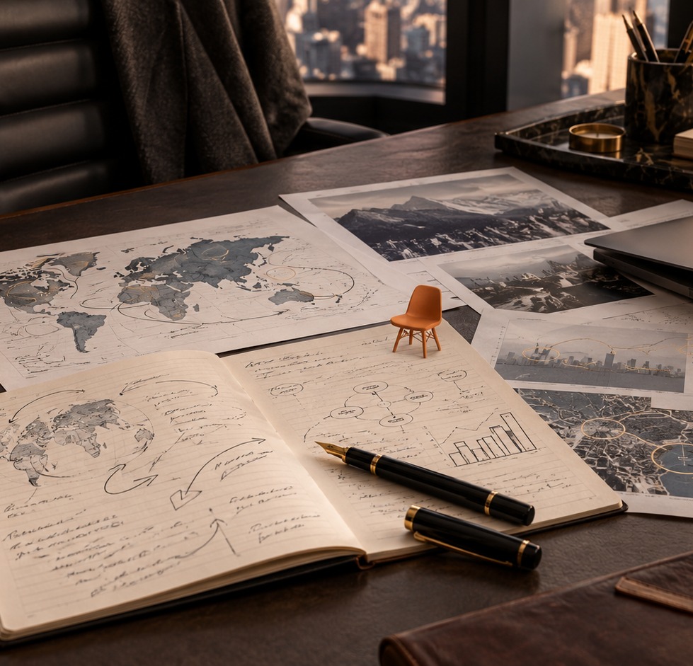 Working notes, hand-drawn maps and documents spread across a desk